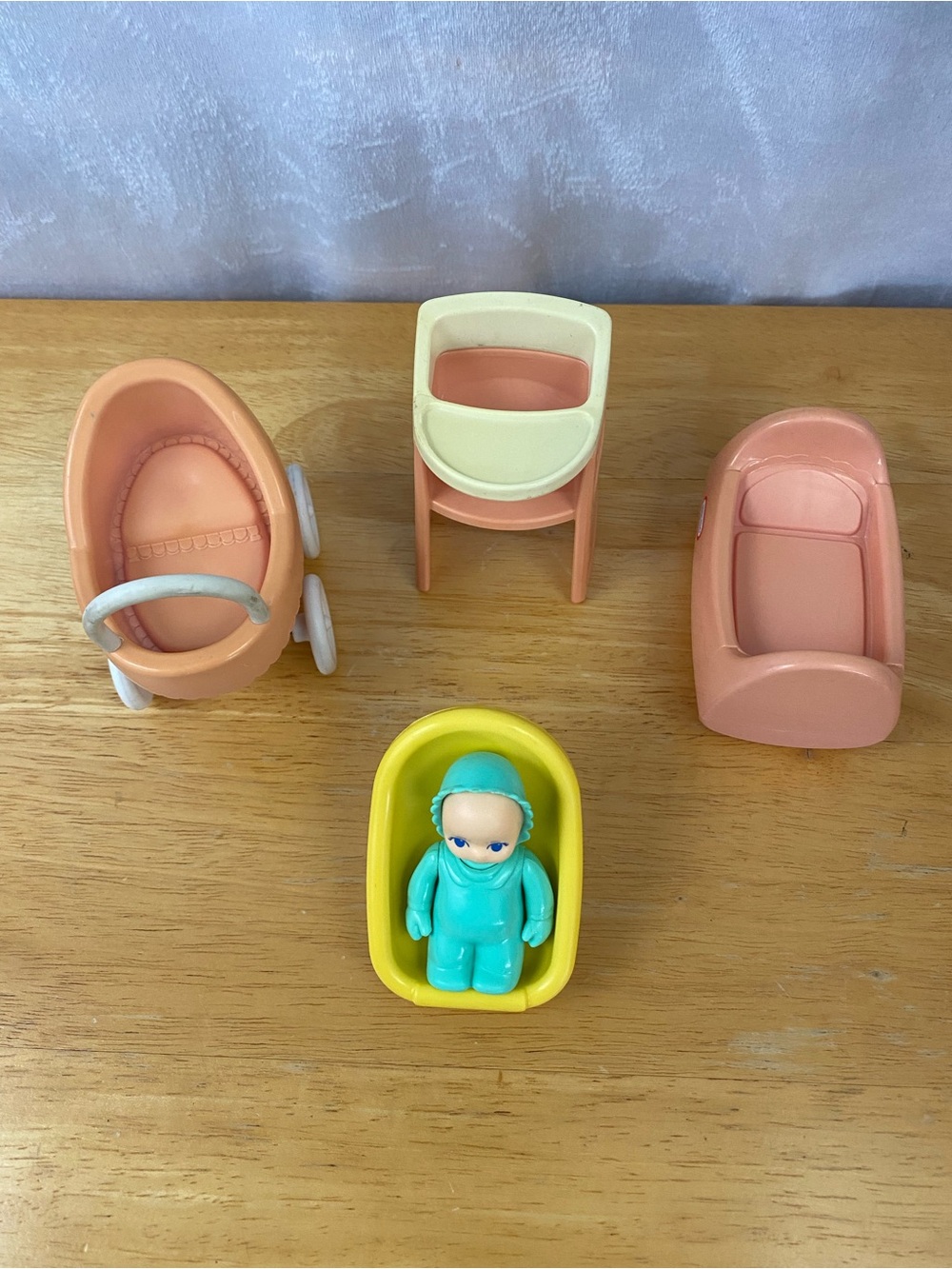 Vintage Little Tikes Dollhouse Baby with Car Seat Stroller Bassinet High Chair
